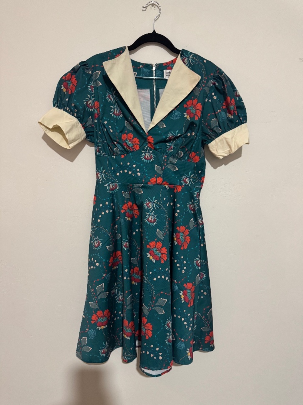 Unique Vintage Teal Red Floral Print Fit & Flare Swing Dress - Medium